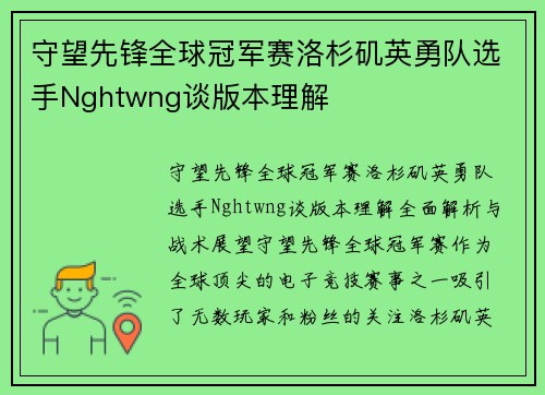 守望先锋全球冠军赛洛杉矶英勇队选手Nghtwng谈版本理解