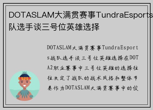 DOTASLAM大满贯赛事TundraEsports战队选手谈三号位英雄选择